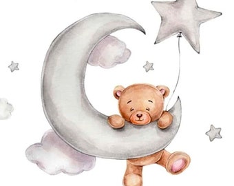 Wandtattoo Bär Mond Luftballon - Wandbild Sterne-Ballon Tiere - Teddybär Wandsticker für Kinderzimmer Babyzimmer von Jungen & Mädchen