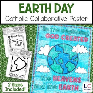 Könnte beinhalten: Ein druckbares Plakat zum Tag der Erde für katholische Klassenzimmer. Das Plakat zeigt eine farbenfrohe Illustration der Erde mit Wolken und dem Text "Am Anfang... SCHUF GOTT den HIMMEL und die ERDE." Das Plakat ist in zwei Größen erhältlich.