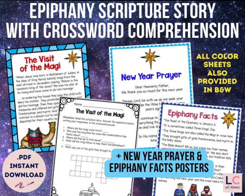 May include: A set of printable educational resources for children about the Epiphany, a Christian holiday. The set includes a crossword puzzle, a prayer, and facts about the holiday. The resources are designed to be used in a classroom or at home.