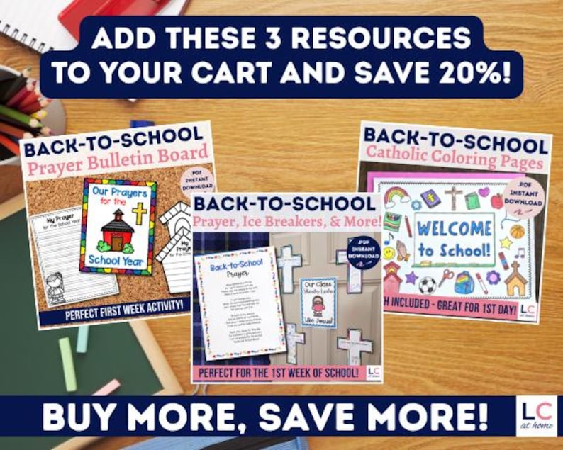 May include: Three digital back-to-school educational resource sets featuring prayer bulletin board materials, prayer ice breakers, and Catholic coloring pages with text including 'Welcome to School' and 'Our Prayers for the School Year'.