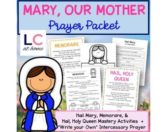 Blessed Mother Catholic Prayer Cards | Hail Mary | Memorare | Hail Holy Queen Worksheets | Sunday School | Homeschool