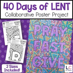 Peut inclure: Un projet d'affiche imprimable pour le Carême avec les mots "Prier Jeûner Donner" en lettres violettes sur un fond coloré de triangles. L'affiche est divisée en sections pour une coloration collaborative. Deux tailles sont incluses.