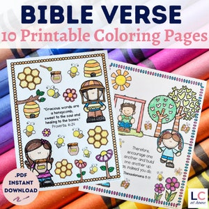 Puede incluir: Un conjunto de 10 páginas para colorear imprimibles con versículos bíblicos. La primera página muestra una colmena con miel y una niña sosteniendo un tarro de miel. La segunda página muestra un columpio con dos niños y una niña saltando a la cuerda. El texto de la primera página dice "Las palabras amables son como un panal, dulces para el alma y sanadoras para los huesos." Proverbios 16:24. El texto de la segunda página dice "Por tanto, alentaos unos a otros y edificaos unos a otros, como en realidad lo hacéis." Tesalonicenses 5:11.