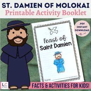 Saint Damien of Molokai Printable Activity Booklet for Catholic Kids | St. Damien Facts Prayers Writing and Drawing Worksheets