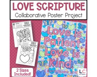 Valentines Day Collaborative Poster | Love Scripture Coloring Pages | February Sunday School Team Building Project | 2nd 3rd 4th 5th Grade