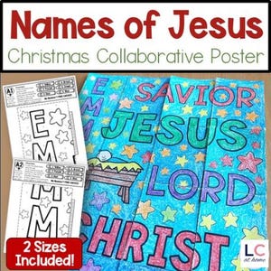 Può includere: Un poster collaborativo di Natale con i nomi di Gesù: Salvatore, Gesù, Signore e Cristo. Il poster è diviso in quattro sezioni, ciascuna con un nome diverso. Il poster è decorato con stelle blu e verdi. Il poster è disponibile in due dimensioni.