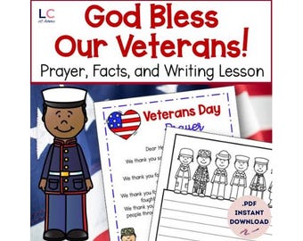 Veterans Day Prayer | Facts Sheet | God Bless Our Veterans Writing Lesson and Bulletin Board Display | Catholic Sunday School | 2nd 3rd 4th
