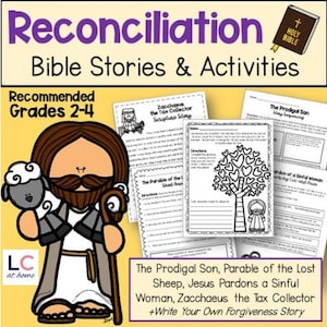 May include: Black and white illustrations of Bible stories for kids. The stories include The Prodigal Son, The Parable of the Lost Sheep, Jesus Pardons a Sinful Woman, and Zacchaeus the Tax Collector. The image also includes a title that says "Reconciliation Bible Stories & Activities" and "Recommended Grades 2-4".