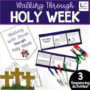 Könnte beinhalten: Ein druckbares Set mit pädagogischen Ressourcen zum Lernen über die Karwoche. Das Set enthält eine Zeitleiste, Sequenzierungsaktivitäten und ein Banner mit der Aufschrift "Mit Jesus durch die Karwoche gehen".