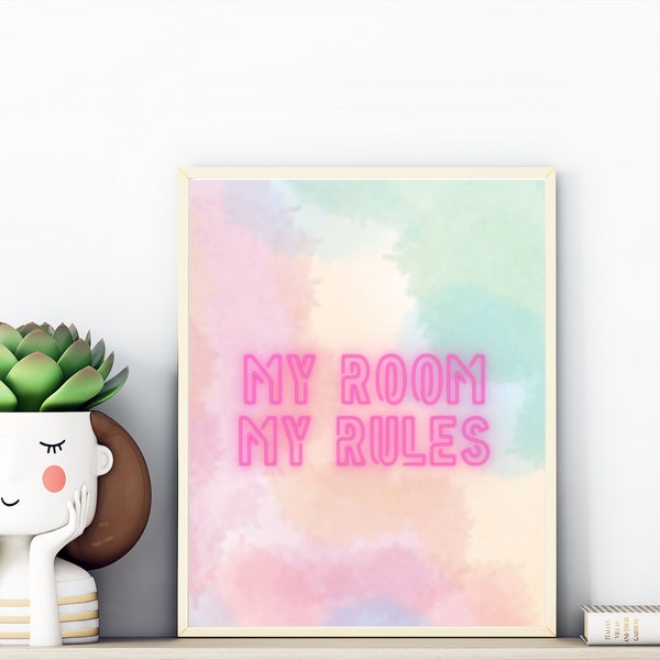 My room my rules, teen wall art, pastel pink bedroom art, girly bedroom decor, retro wall decor, teen bedroom accessories