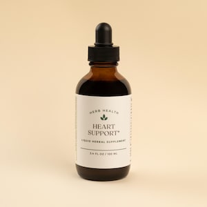 May include: A brown glass bottle with a dropper top, labeled "Herb Health Heart Support* Liquid Herbal Supplement 3.4 FL OZ / 100 ML"