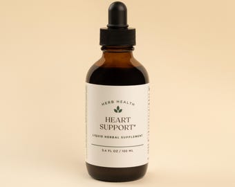 May include: A brown glass bottle with a dropper top, labelled "Herb Health Heart Support* Liquid Herbal Supplement 3.4 FL OZ / 100 ML"
