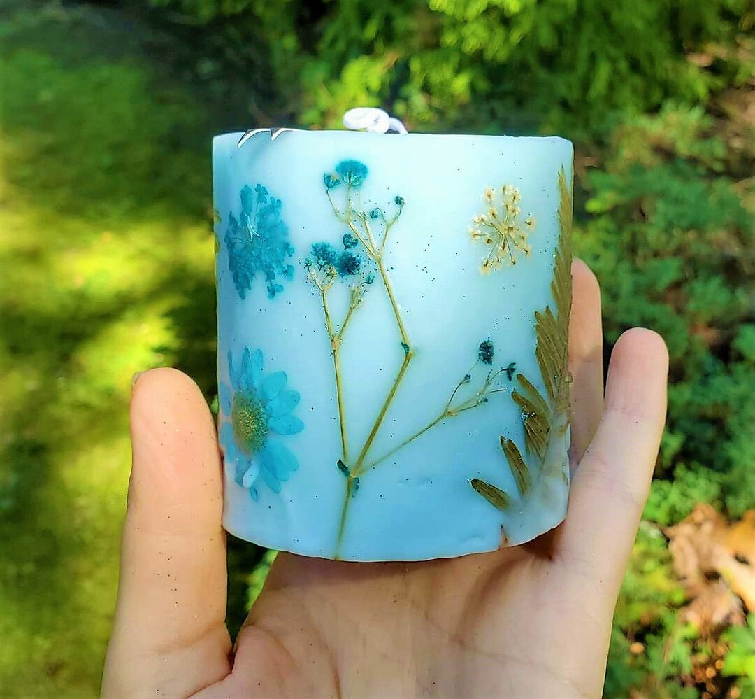 Fall Pillar Candle Floral Soy Candle Dry Flowers. Gift for Christmas