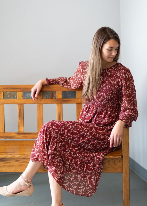 Round Neck Long Sleeves Tiered Floral Midi Dress - Etsy