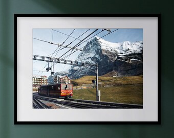 Train Stop Print Swiss Alps Landscape Photograph, Travel Photography Europe Trains,