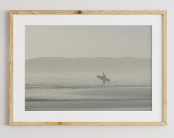 Solo Surfer Landscape Print, Surfing Photo Coastal Art, Africa Sun Set Coastline Print, Minimal Simple Art