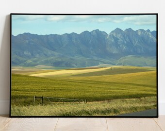 Mountain Landscape Art Print, Finished Country Side Open Farm Land Photograph
