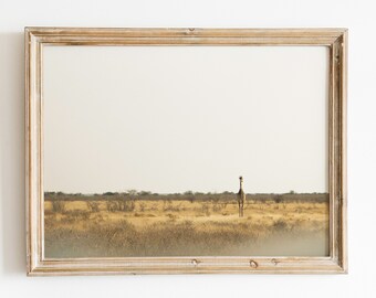Giraffe Safari Runaway, Landscape Print, Namibia Etosha National Park Photography, Minimal Simple Art Print,