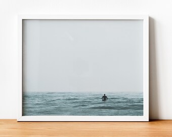 Solo Surfer at Sea Photo, Costal Ocean Landscape Print, Minimal Simple Surfing Photograph Art
