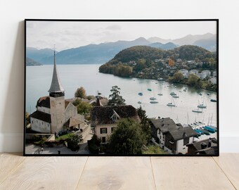 Landscape Print Switzerland Castle, European Lake in Swiss Landscape Scenic Art