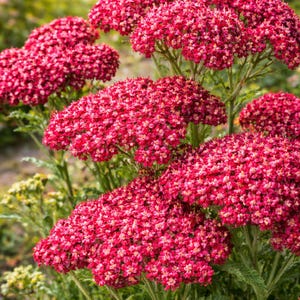 May include: Close-up of vibrant red yarrow flowers in full bloom. The flowers are clustered in dense, flat-topped heads, with a backdrop of green foliage and other wildflowers. The image captures the beauty of a natural garden setting.