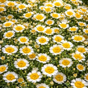 May include: A field of white and yellow daisies in full bloom. The daisies have white petals surrounding a bright yellow center. The flowers are densely packed together, creating a vibrant and colorful display.