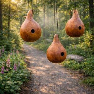 May include: Three hanging gourd birdhouses with a natural brown finish and a circular entrance hole. The birdhouses are suspended from black cords against a blurred forest backdrop with a walking path.