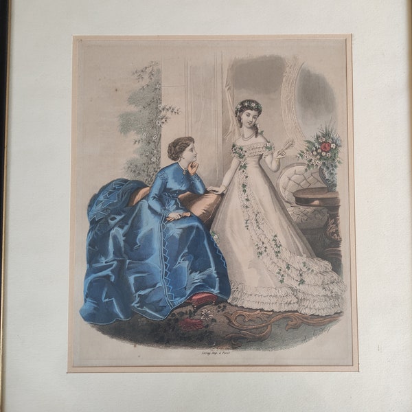 Antique French colorized framed fashion plate/lithograph by Leroy Imp Paris of 2 ladies in gowns (read description for discount code*)