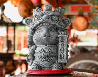 Welcome Wealth Lion-Dance Lucky Cat Stone Figurine Inspired by Traditional Lion Dance