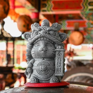 Welcome Wealth Lion-Dance Lucky Cat Stone Figurine Inspired by Traditional Lion Dance