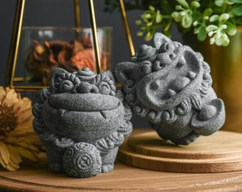 Pair of miniature foo dog stone statues inspired by guardian lion statues