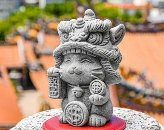 Lion-Dance Cat Stone Figurine Inspired by Money and Maneki Neko Knick Knack