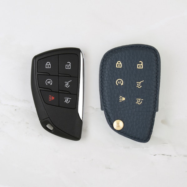 Chevy / GMC Car and Truck Leather Key Cover / Key Fob Case with Keychain in Navy Blue Pebble Grain Genuine Leather