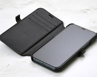 Genuine leather wallet iPhone case for Apple iPhone 12, 12 Pro and 12 Pro Max in Black