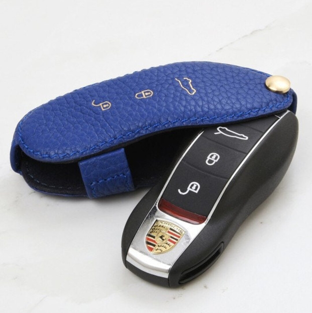 Porsche Car Key Leather Cover and Keychain in Blue Pebble Grain Leather