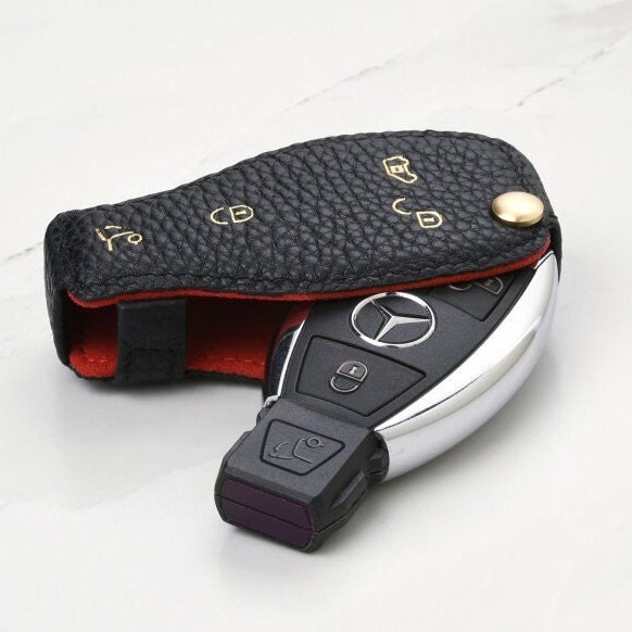 Mercedes Benz Auto Schlüsselleder Hülle und Schlüsselanhänger aus schwarzem  Kieselkornleder - .de