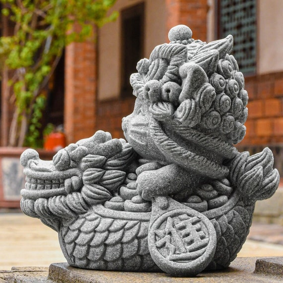 Abundant Prosperity With Lion-dance Cat on Dragon Boat Stone
