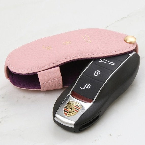 Porsche Car Key Leather Cover and Keychain in Pink Pebble Grain