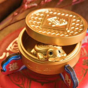 May include: A gold-colored turtle figurine inside a round, lidded container. The container sits on a red mat with Chinese characters and blue accents. The lid has a coin-like design.