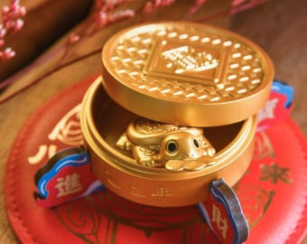 Golden Tortoise Wealth Charm, Feng Shui Money Turtle Statue, Blessed Good Luck Gift, Solid Brass Altar Decor - Stackable Tabletop Decoration