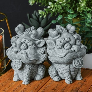 Pair of cute Qilin miniature stone statues inspired by Chinese dragon horse mythical creature