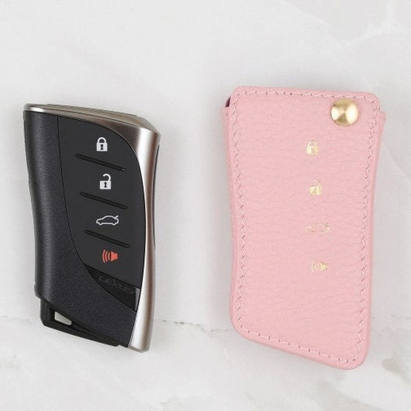 Funda para llave de coche Lexus de piel granulada rosa con llavero