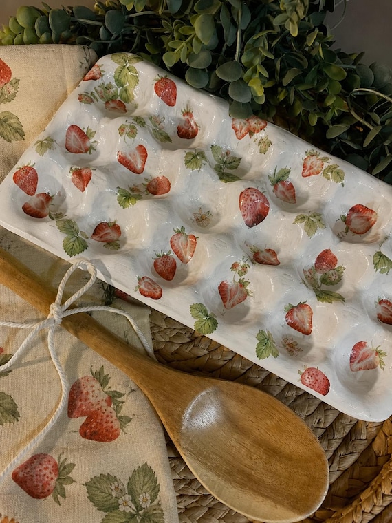 Strawberry Cottagecore Egg Tray | Handmade 18 Egg Holder | Farmhouse Kitchen Decor | Decorative Egg Storage | Strawberry Kitchen Gift
