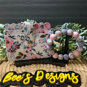 Floral Faux Leather Wallet and Silicone Bead Wristlet Keychain