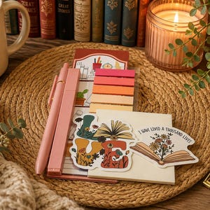 May include: A cream-colored ceramic mug with the text just one more chapter, a pink pen, a pink highlighter, a stack of colorful sticky notes, two floral-themed book stickers, and a gold metal binder clip arranged on a round woven placemat.