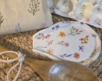 Wildflower Kitchen Gift Set | Handmade 12 Egg Holder, Spoon Rest, Wooden Spoon & Matching Tea Towel | Cottagecore Kitchen Decor