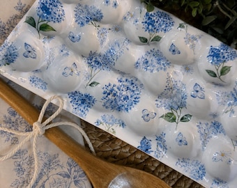 Blue Hydrangea Egg Tray | Handmade Egg Holder | Blue & White Farmhouse Kitchen Decor | Cottagecore Egg Storage | French Country Gift