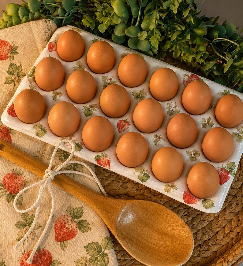 Strawberry Cottagecore Egg Tray | Handmade 18 Egg Holder | Farmhouse Kitchen Decor | Decorative Egg Storage | Strawberry Kitchen Gift image 2