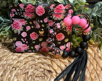 Black Floral Faux Leather Wallet and Matching Wristlet