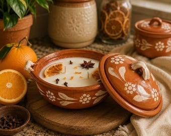 Mexican Pottery Candle with Lid: Coconut Apricot Wax Cazuelita